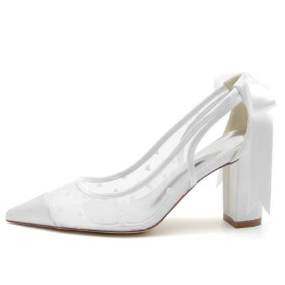 Bridal Shoes for Women with Lace and Bow Tie Pointed Toe Block Heel