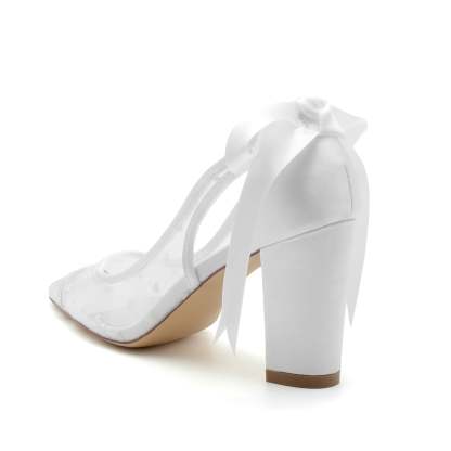 Bridal Shoes for Women with Lace and Bow Tie Pointed Toe Block Heel