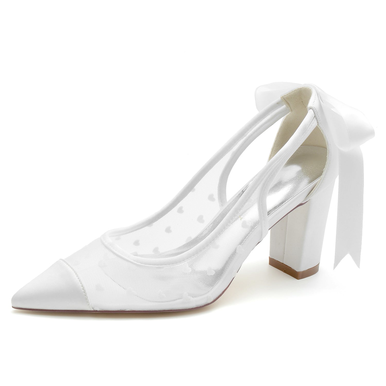 Bridal Shoes for Women with Lace and Bow Tie Pointed Toe Block Heel