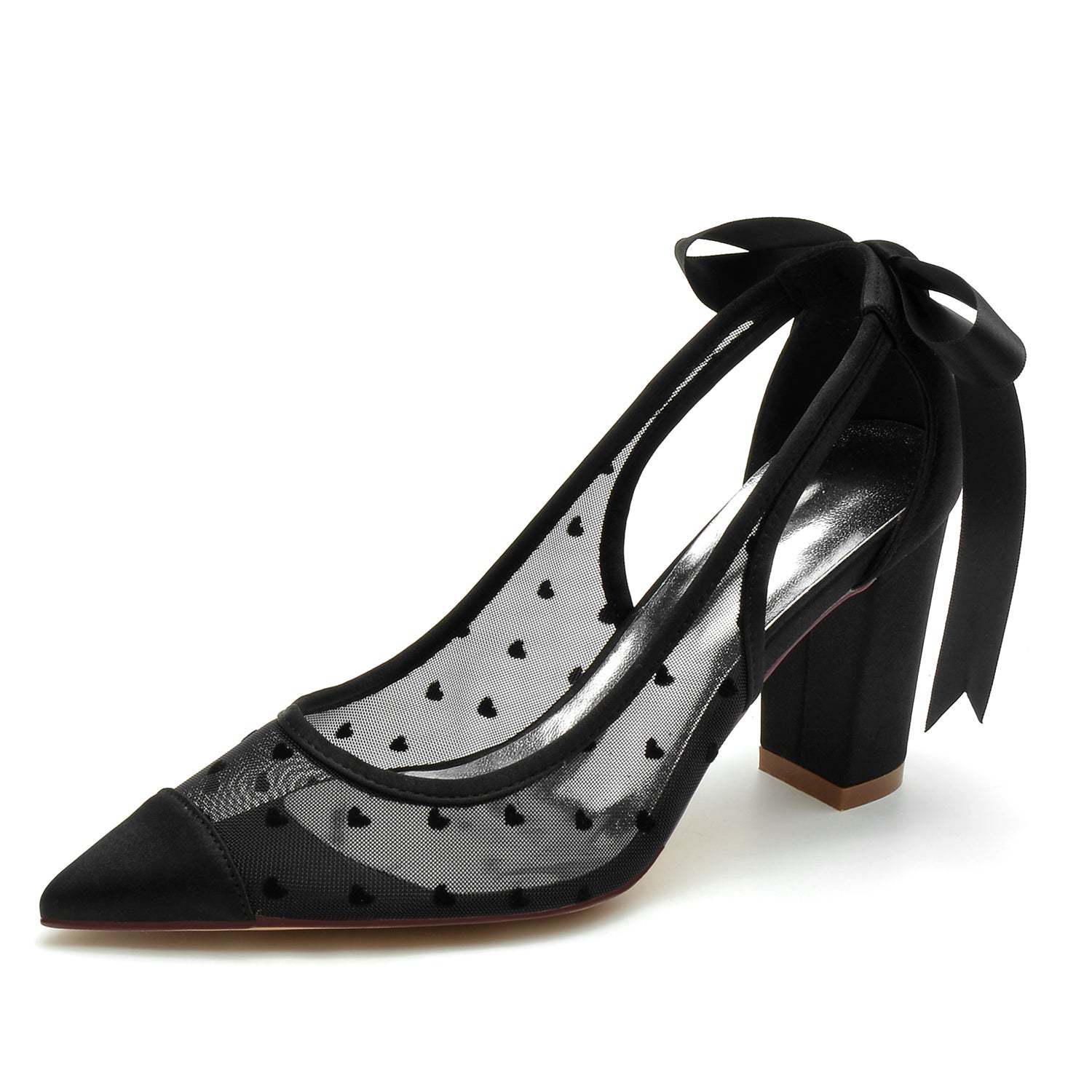 Bridal Shoes for Women with Lace and Bow Tie Pointed Toe Block Heel
