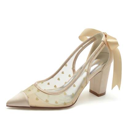 Bridal Shoes for Women with Lace and Bow Tie Pointed Toe Block Heel