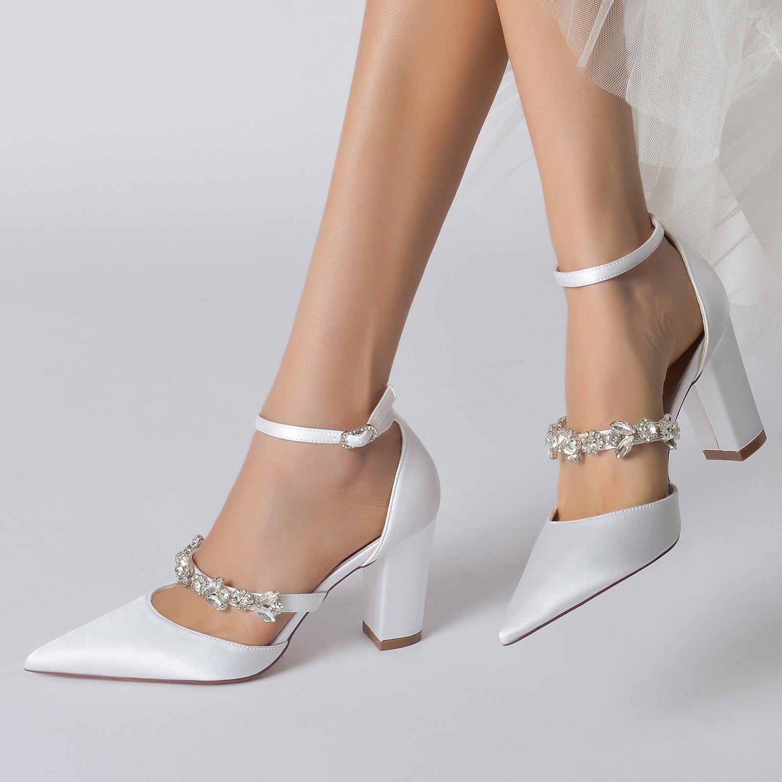 Bridal Shoes for Women with Rhinestone Block Heels and Pointed Toes