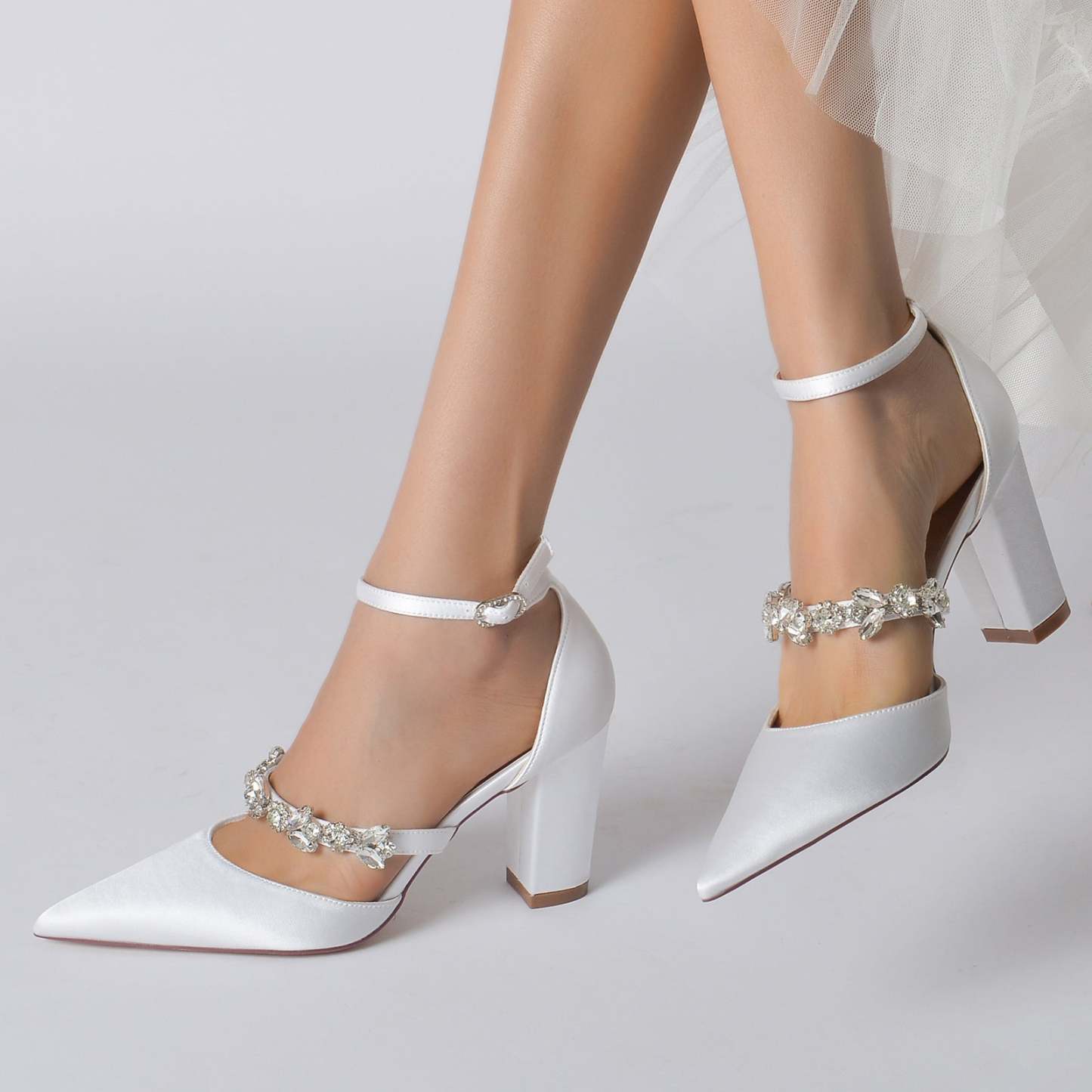 Bridal Shoes for Women with Rhinestone Block Heels and Pointed Toes
