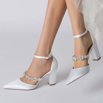 Bridal Shoes for Women with Rhinestone Block Heels and Pointed Toes