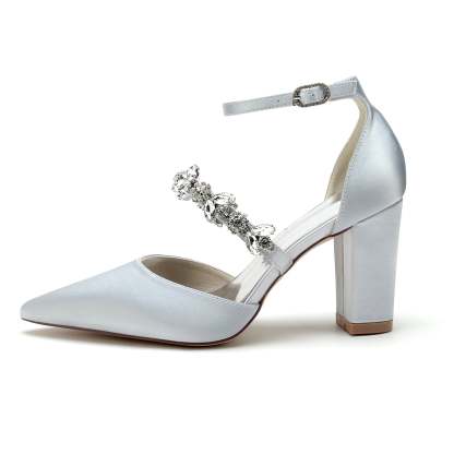 Bridal Shoes for Women with Rhinestone Block Heels and Pointed Toes