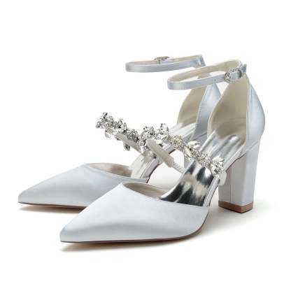 Bridal Shoes for Women with Rhinestone Block Heels and Pointed Toes