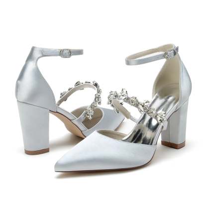 Bridal Shoes for Women with Rhinestone Block Heels and Pointed Toes