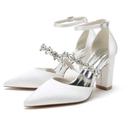 Bridal Shoes for Women with Rhinestone Block Heels and Pointed Toes