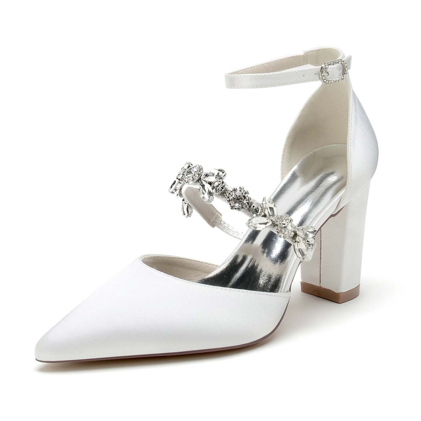 Bridal Shoes for Women with Rhinestone Block Heels and Pointed Toes