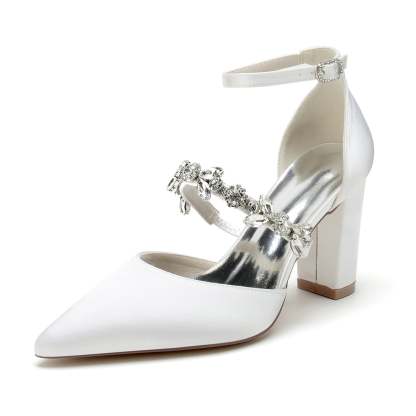 Bridal Shoes for Women with Rhinestone Block Heels and Pointed Toes