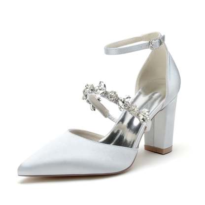 Bridal Shoes for Women with Rhinestone Block Heels and Pointed Toes