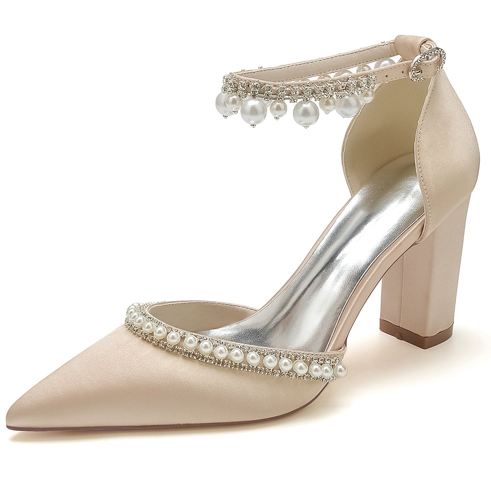 Bridal Shoes for Women with Rhinestone Pearl Accents Block Heel and Pointed Toe