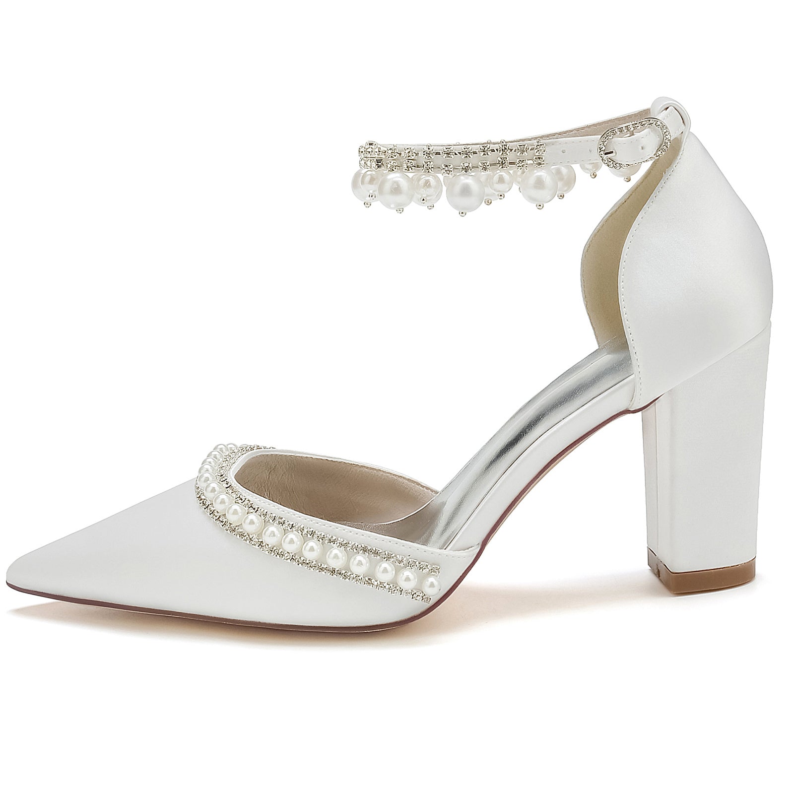 Bridal Shoes for Women with Rhinestone Pearl Accents Block Heel and Pointed Toe