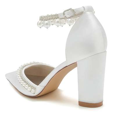 Bridal Shoes for Women with Rhinestone Pearl Accents Block Heel and Pointed Toe