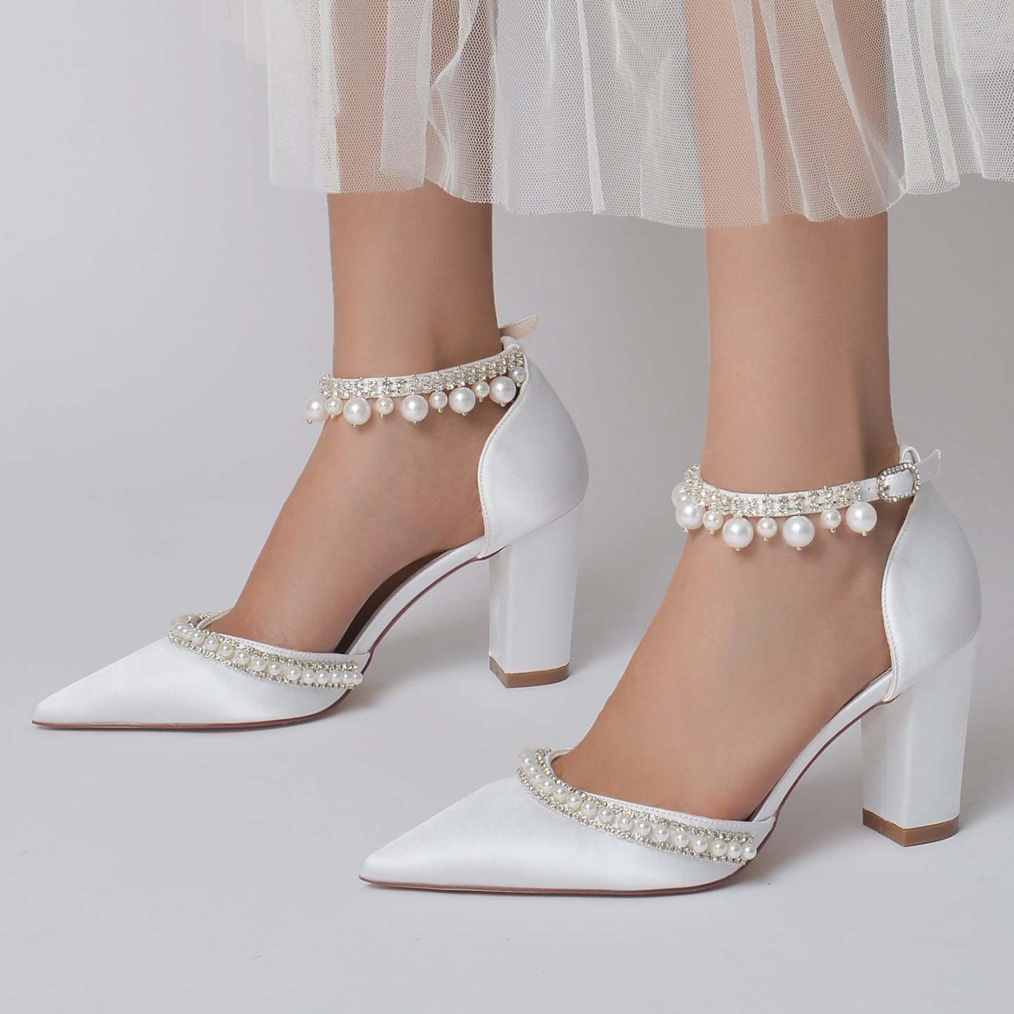 Bridal Shoes for Women with Rhinestone Pearl Accents Block Heel and Pointed Toe