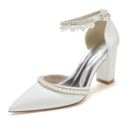 Bridal Shoes for Women with Rhinestone Pearl Accents Block Heel and Pointed Toe