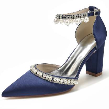 Bridal Shoes for Women with Rhinestone Pearl Accents Block Heel and Pointed Toe