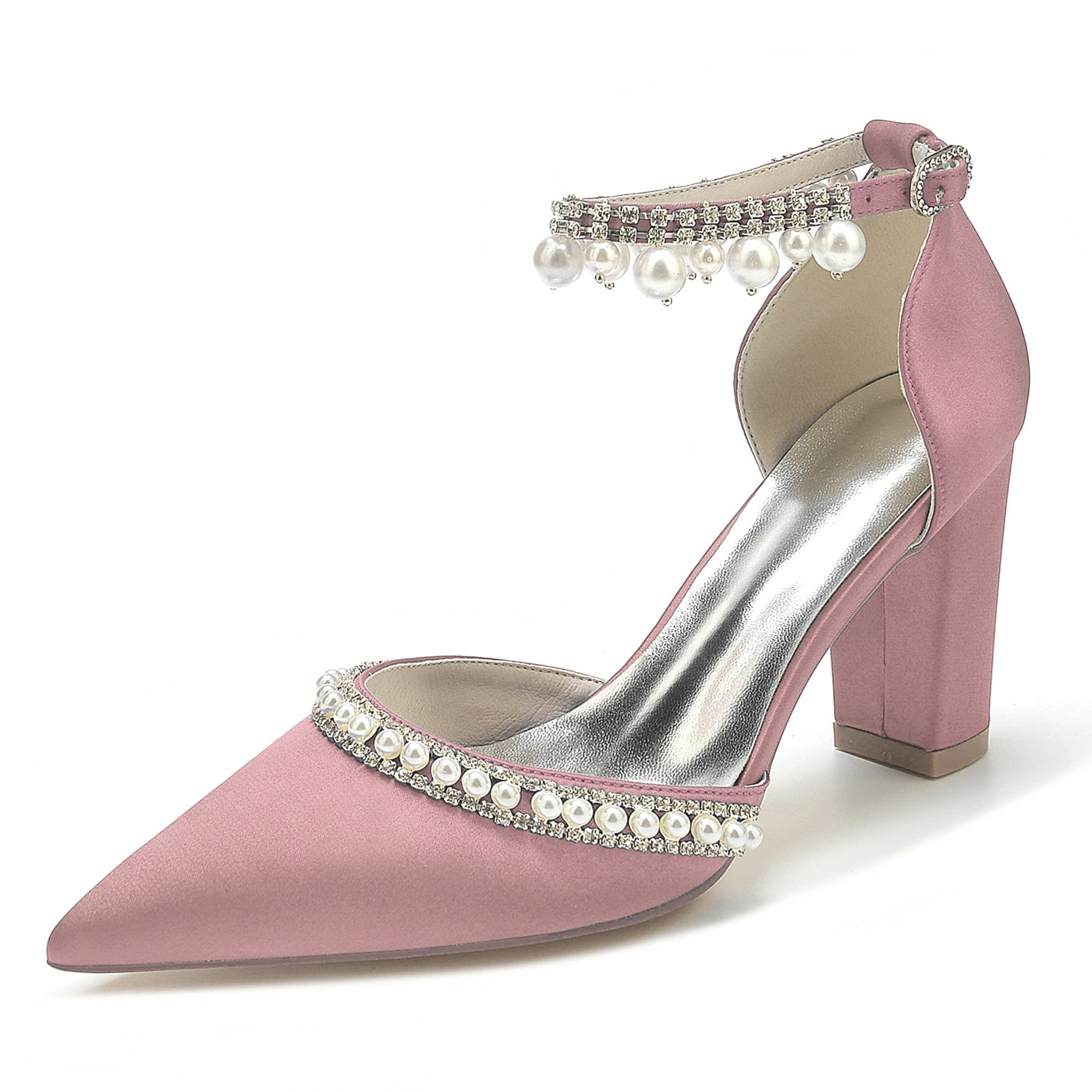 Bridal Shoes for Women with Rhinestone Pearl Accents Block Heel and Pointed Toe