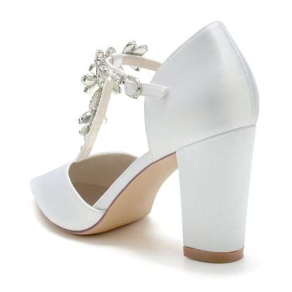Bridal Shoes for Women with Pointed Toe Chunky Heel and Rhinestone Buckle