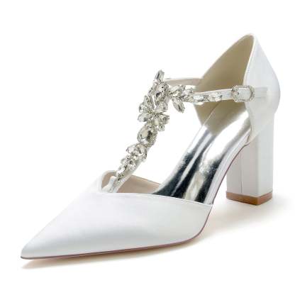 Bridal Shoes for Women with Pointed Toe Chunky Heel and Rhinestone Buckle
