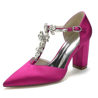 Bridal Shoes for Women with Pointed Toe Chunky Heel and Rhinestone Buckle