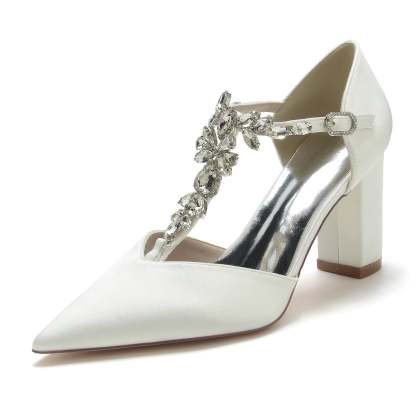 Bridal Shoes for Women with Pointed Toe Chunky Heel and Rhinestone Buckle