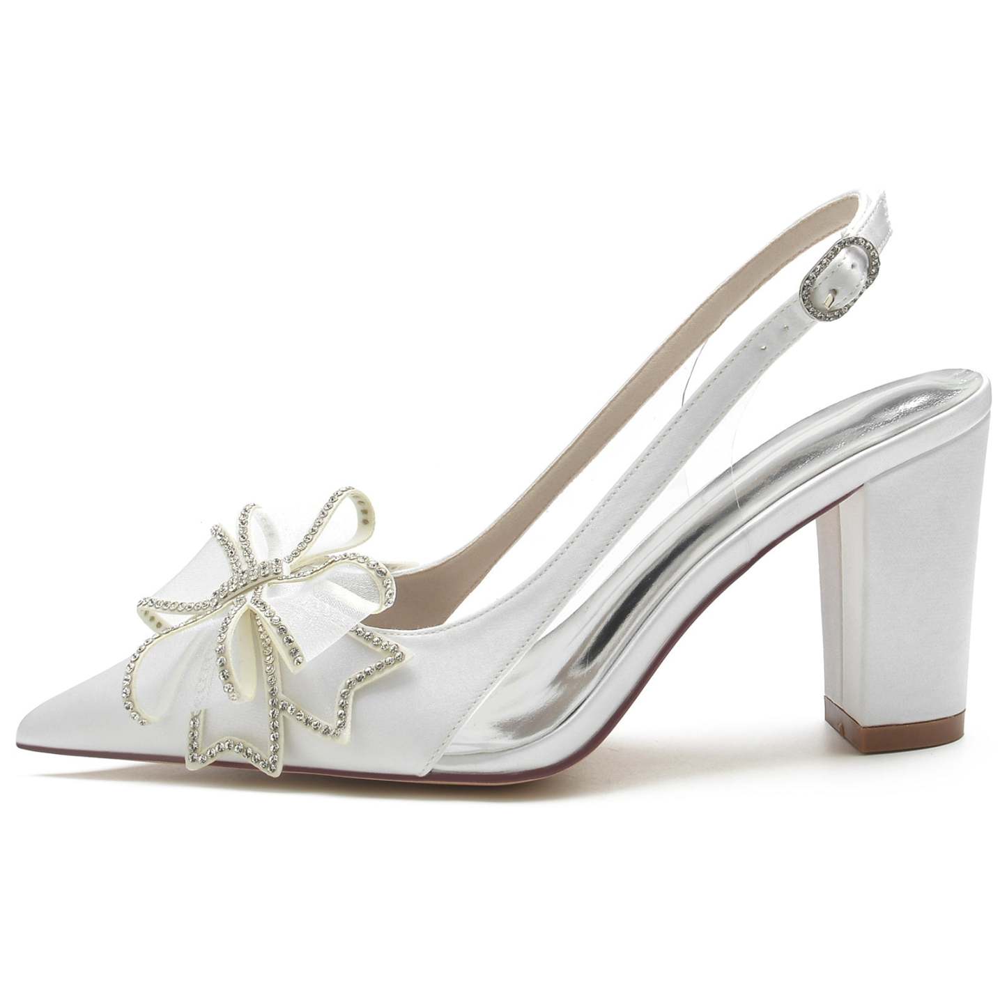 Bridal Shoes for Women with Silk Satin Bow and Buckle on Block Heel