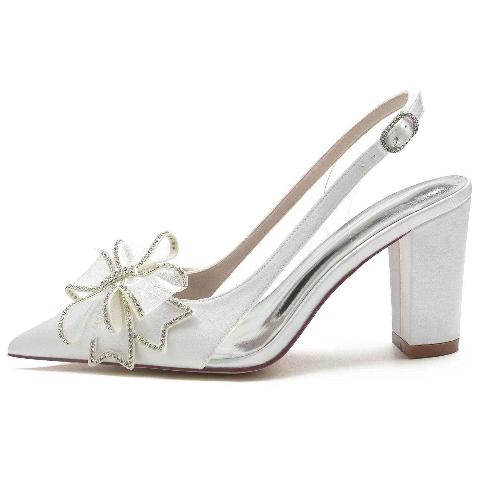 Bridal Shoes for Women with Silk Satin Bow and Buckle on Block Heel