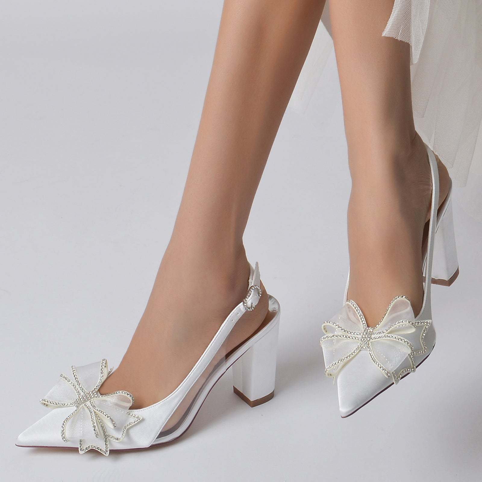 Bridal Shoes for Women with Silk Satin Bow and Buckle on Block Heel