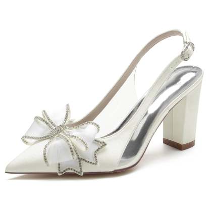 Bridal Shoes for Women with Silk Satin Bow and Buckle on Block Heel