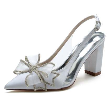 Bridal Shoes for Women with Silk Satin Bow and Buckle on Block Heel