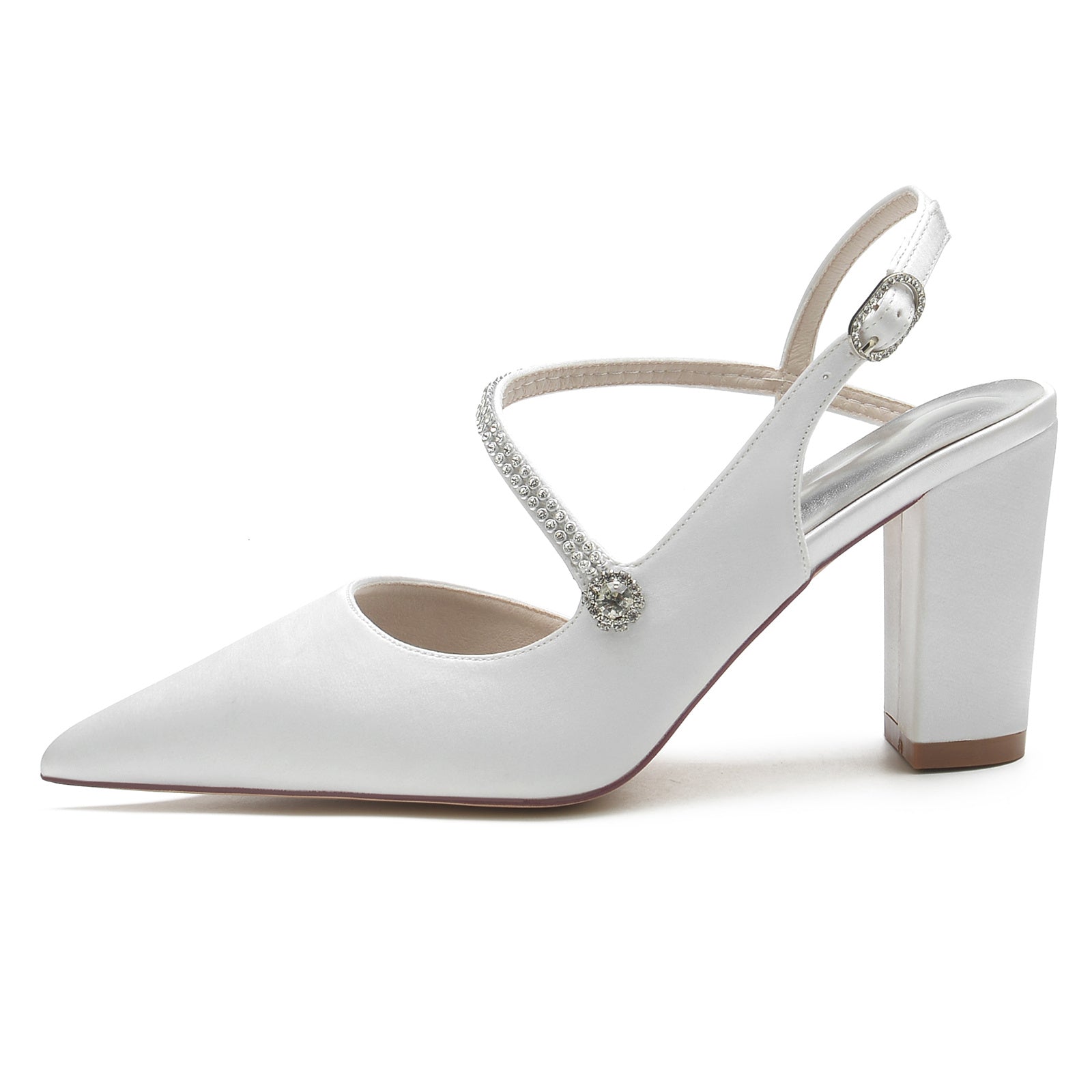 Bridal Shoes for Women with Crystal Buckle Silk Satin Block Heel and Pointed Toe