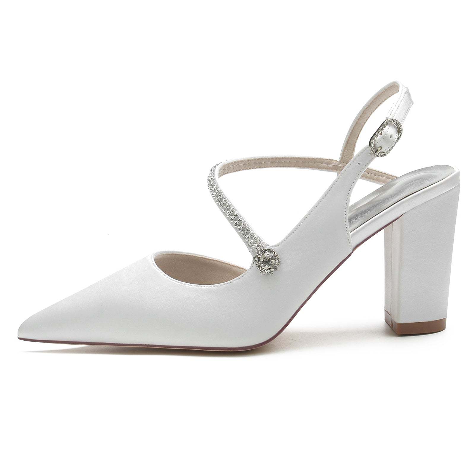 Bridal Shoes for Women with Crystal Buckle Silk Satin Block Heel and Pointed Toe