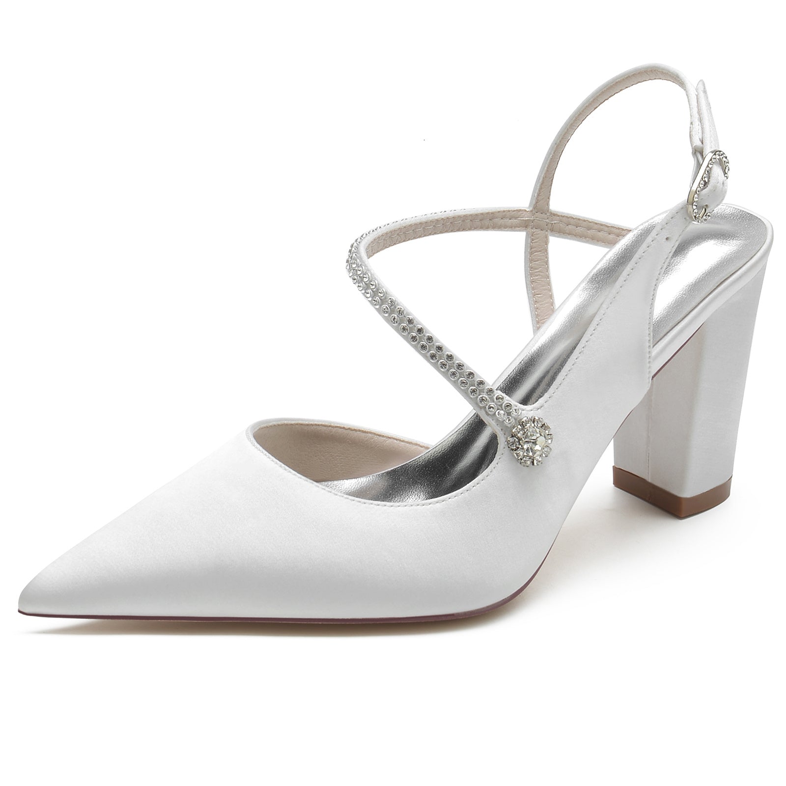 Bridal Shoes for Women with Crystal Buckle Silk Satin Block Heel and Pointed Toe