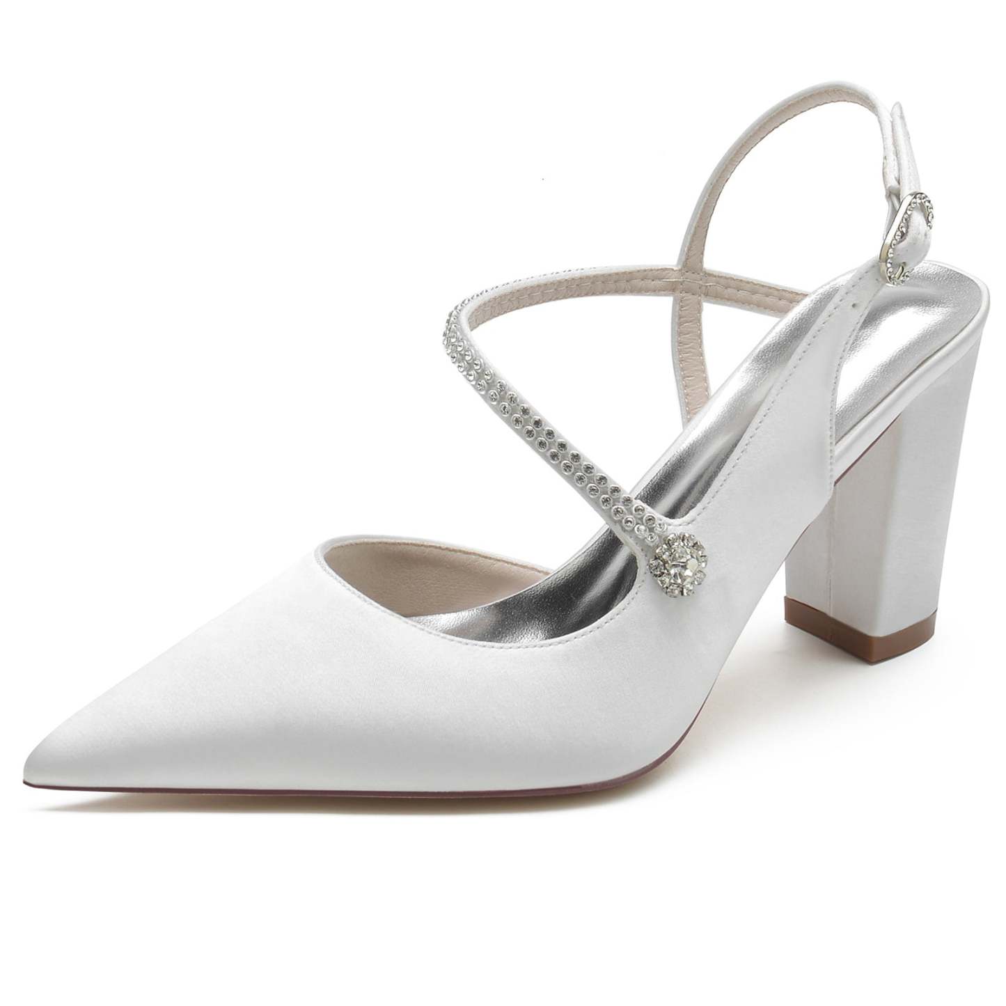 Bridal Shoes for Women with Crystal Buckle Silk Satin Block Heel and Pointed Toe