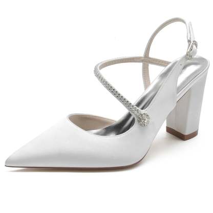 Bridal Shoes for Women with Crystal Buckle Silk Satin Block Heel and Pointed Toe