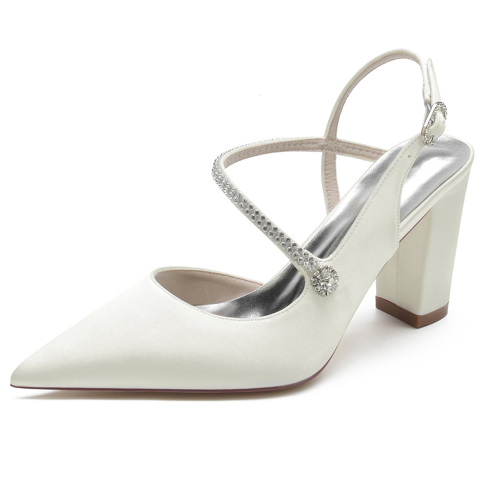 Bridal Shoes for Women with Crystal Buckle Silk Satin Block Heel and Pointed Toe