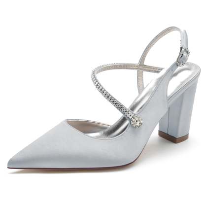 Bridal Shoes for Women with Crystal Buckle Silk Satin Block Heel and Pointed Toe