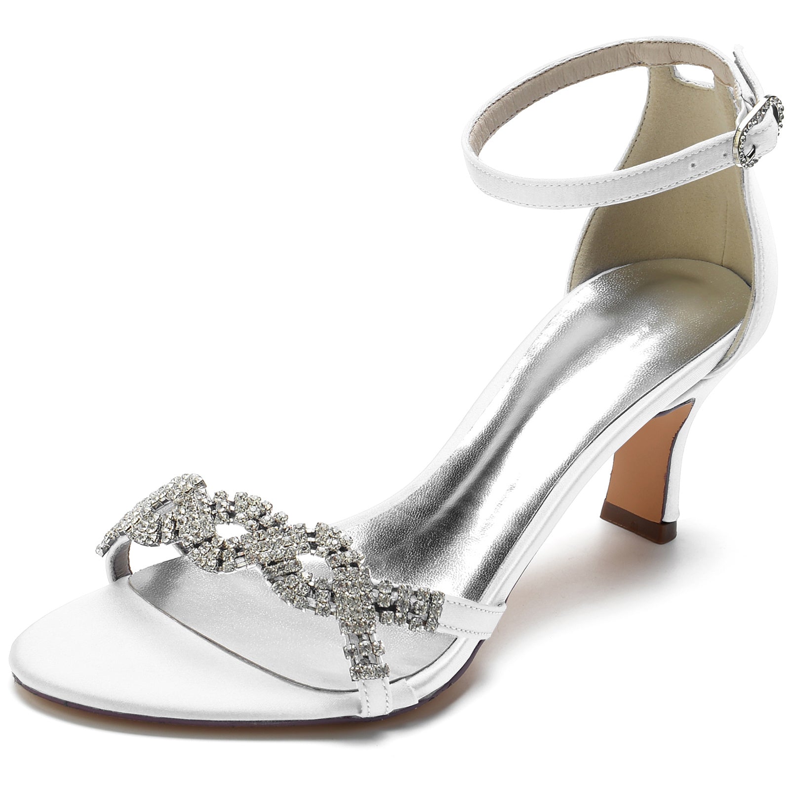 Bridal Shoes for Women with Rhinestone Buckle and Silk Satin Peep Toe