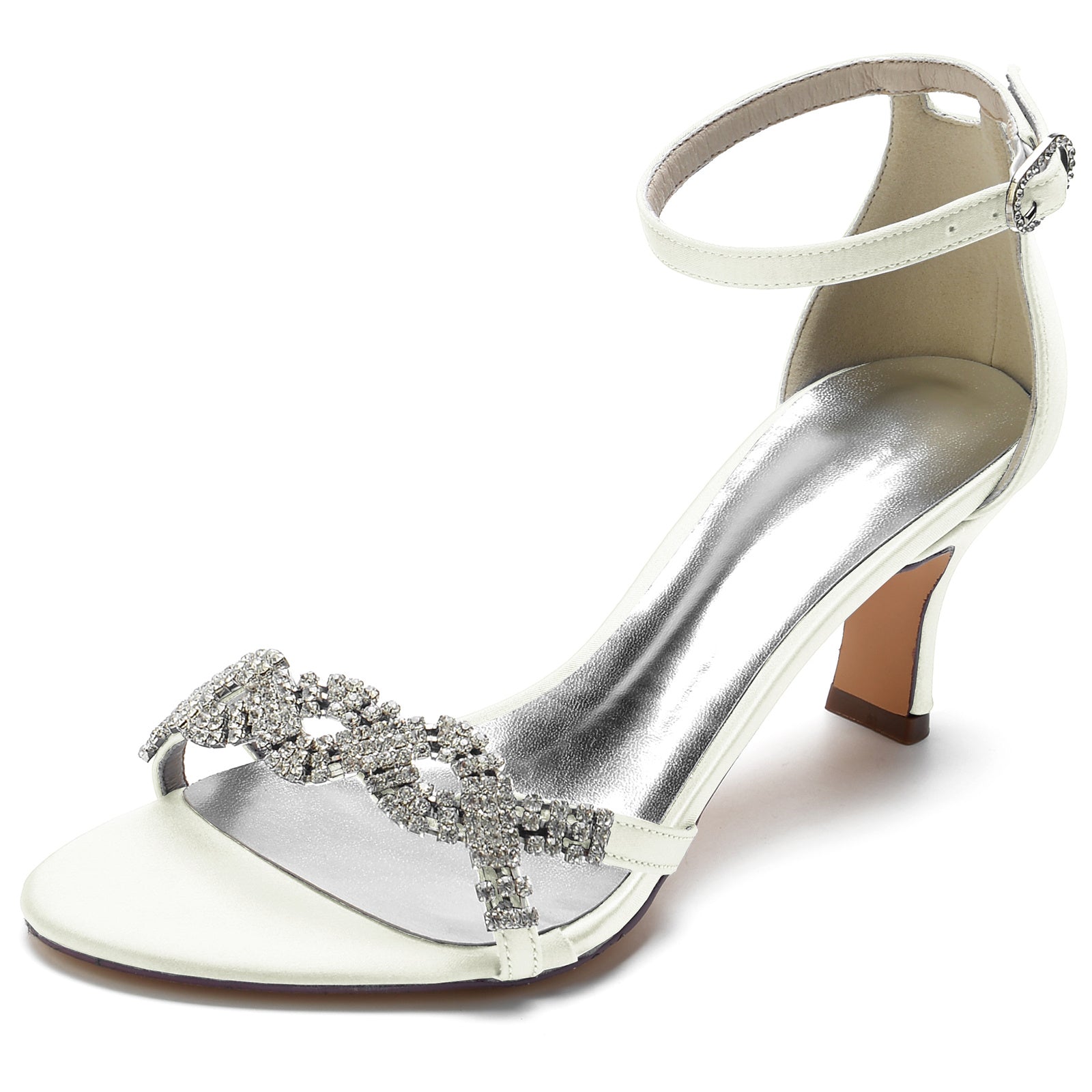 Bridal Shoes for Women with Rhinestone Buckle and Silk Satin Peep Toe