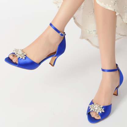 Bridal Shoes for Women with Black Rhinestone Buckle and Mid Open Toe