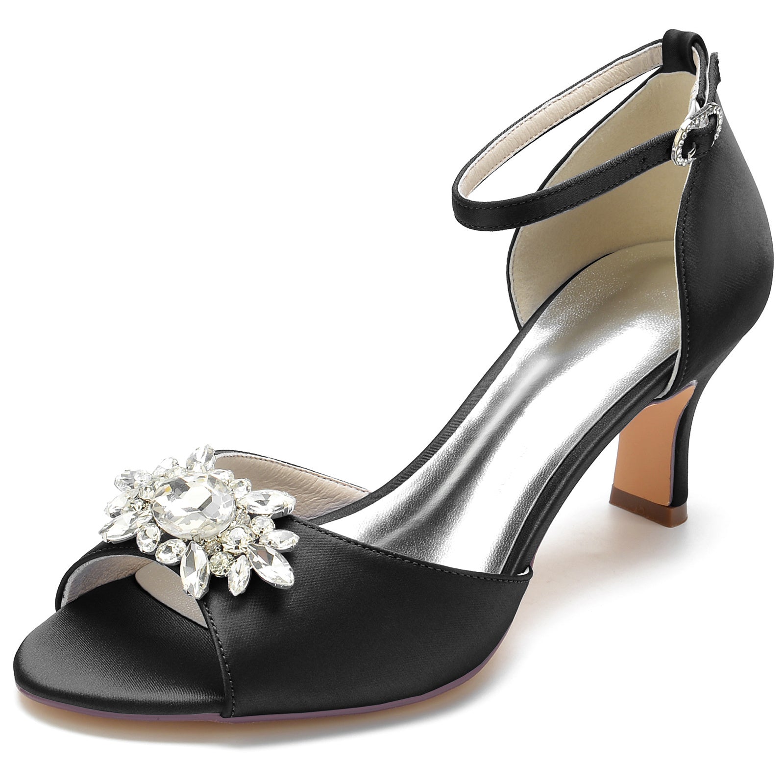 Bridal Shoes for Women with Black Rhinestone Buckle and Mid Open Toe