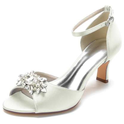 Bridal Shoes for Women with Black Rhinestone Buckle and Mid Open Toe