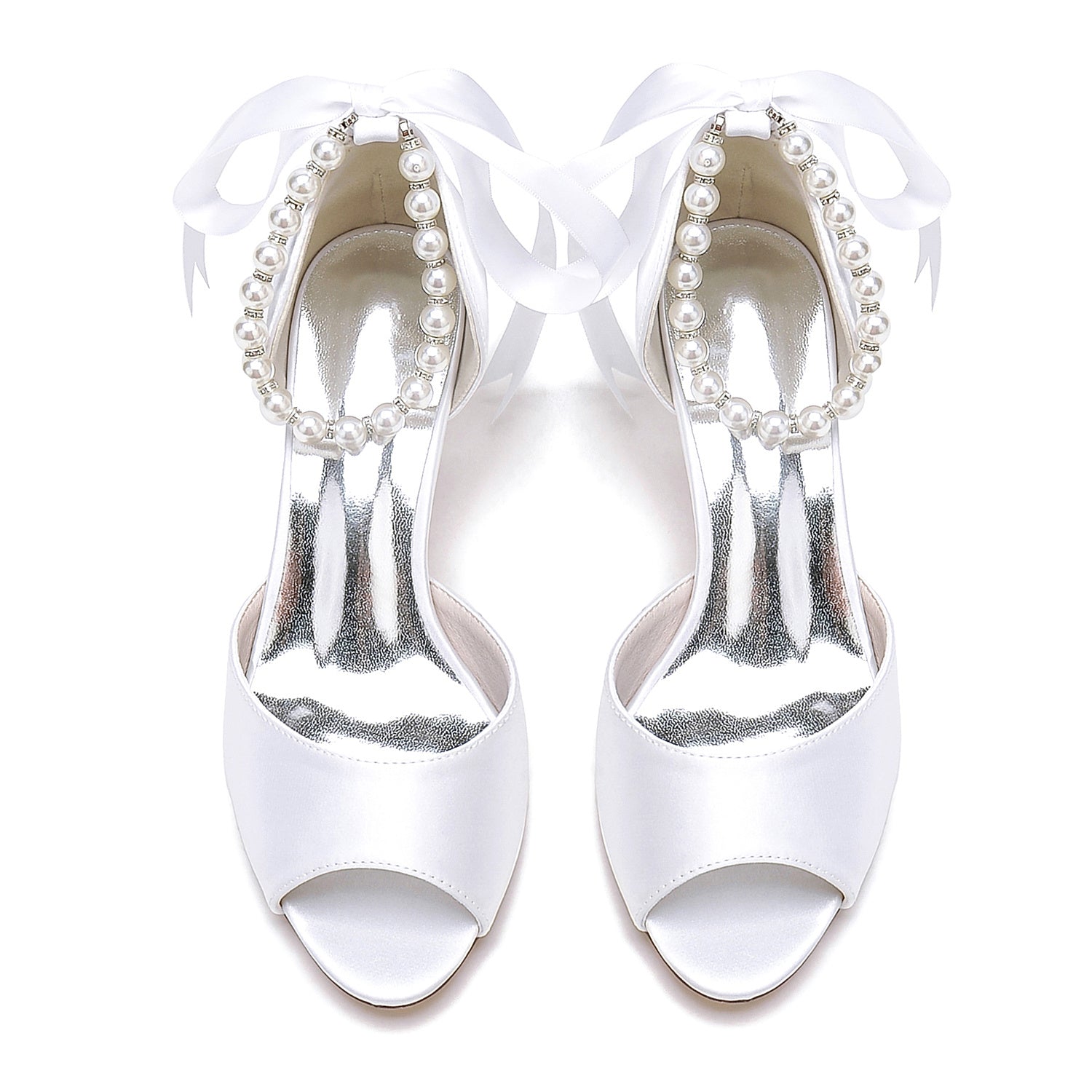 Bridal Heel Shoes for Women with Peep Toe and Pearl Mid Bow