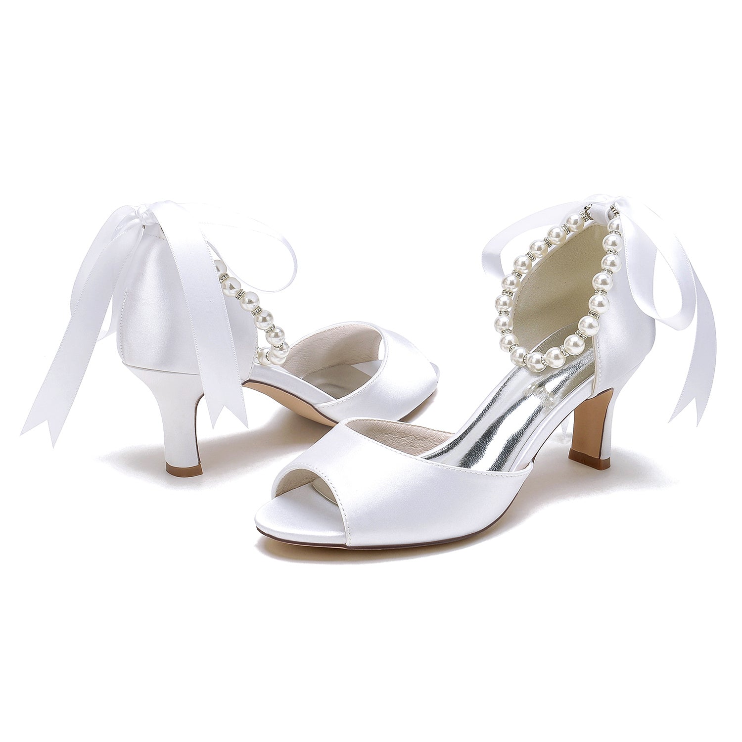 Bridal Heel Shoes for Women with Peep Toe and Pearl Mid Bow