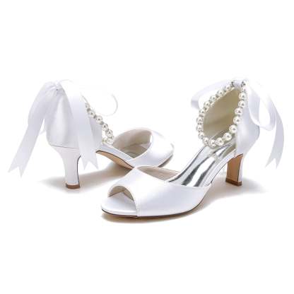Bridal Heel Shoes for Women with Peep Toe and Pearl Mid Bow