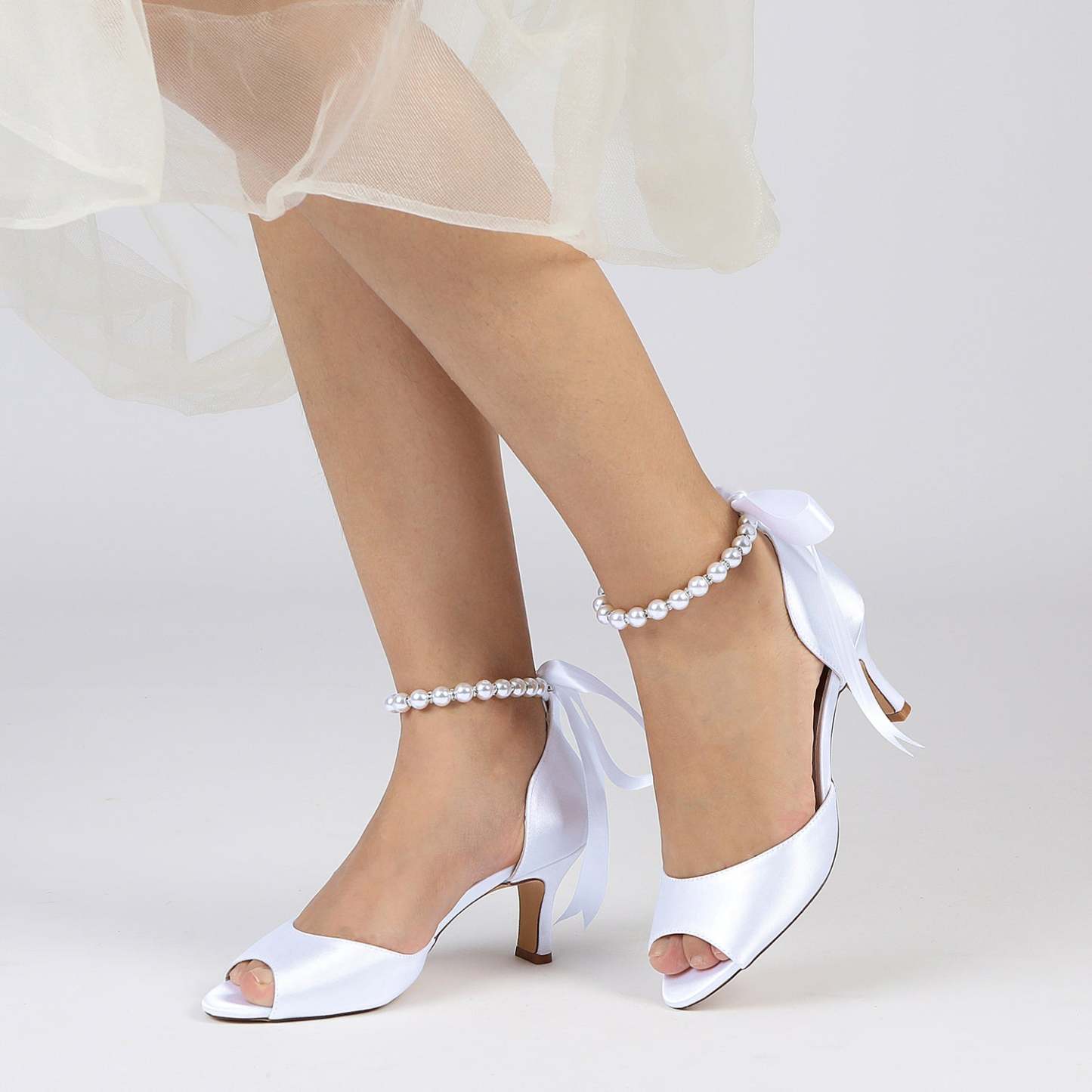 Bridal Heel Shoes for Women with Peep Toe and Pearl Mid Bow