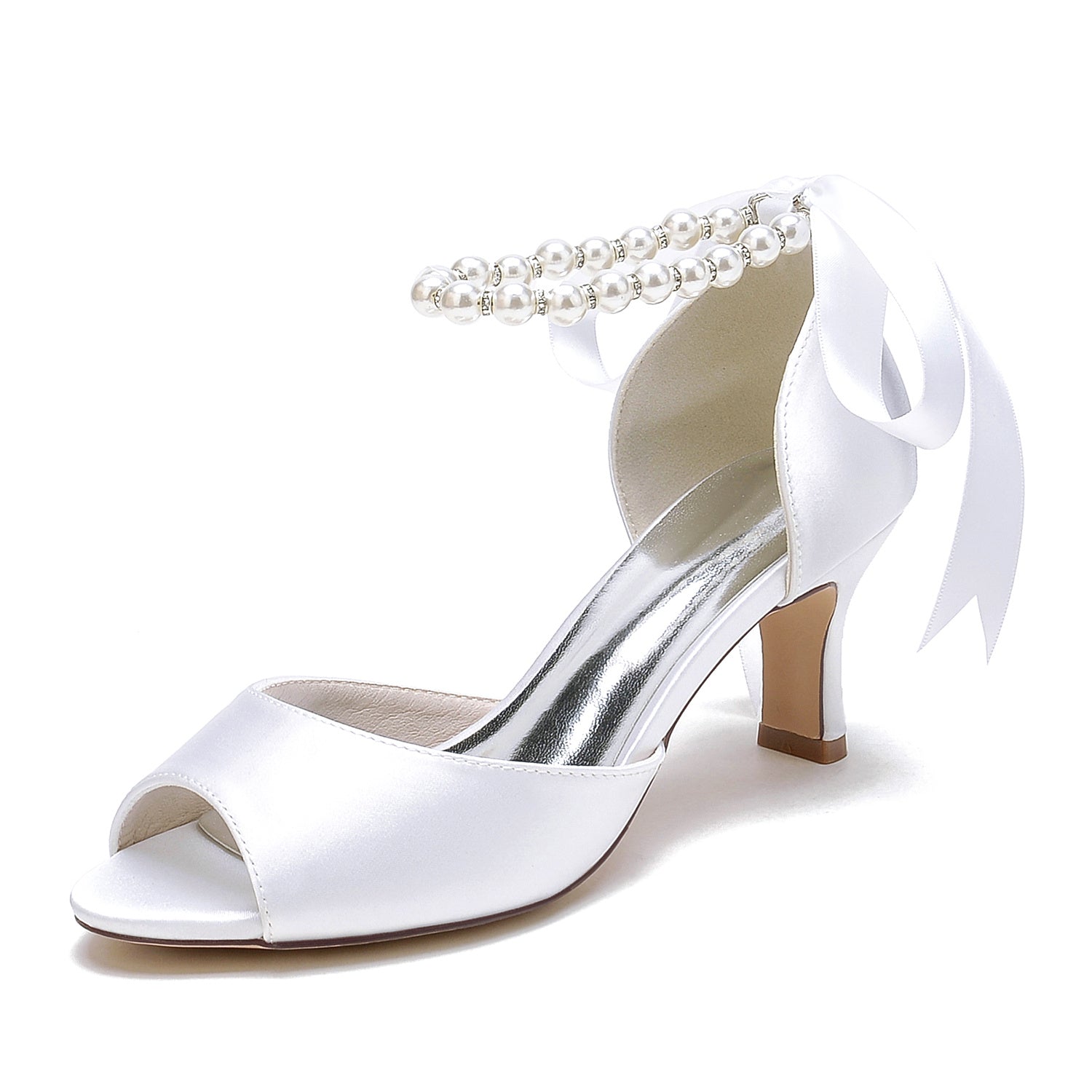 Bridal Heel Shoes for Women with Peep Toe and Pearl Mid Bow