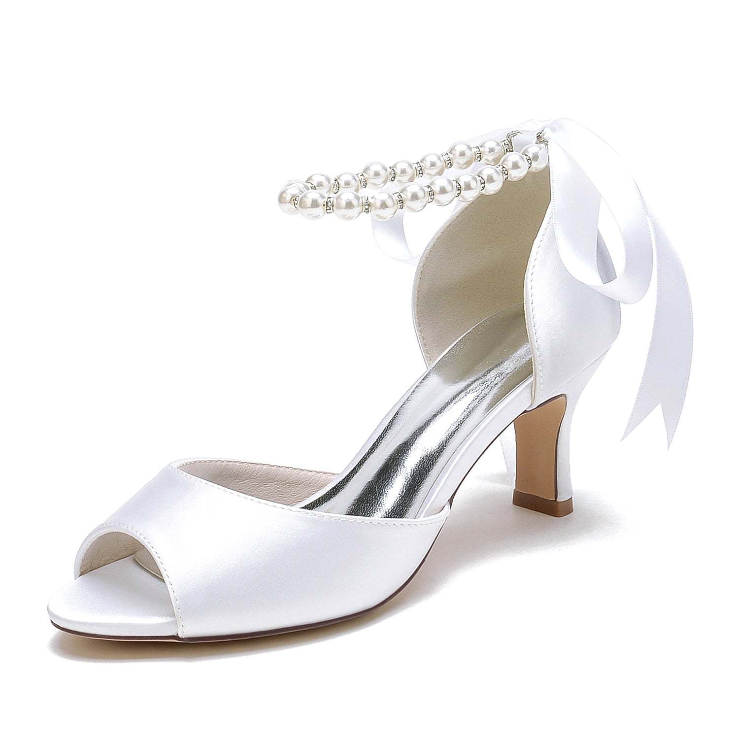 Bridal Heel Shoes for Women with Peep Toe and Pearl Mid Bow