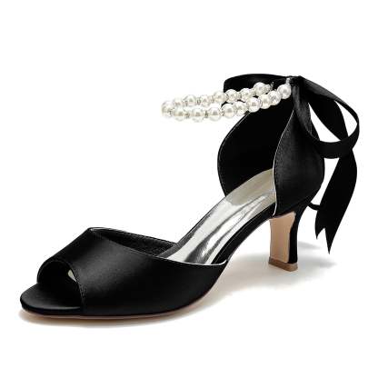 Bridal Heel Shoes for Women with Peep Toe and Pearl Mid Bow